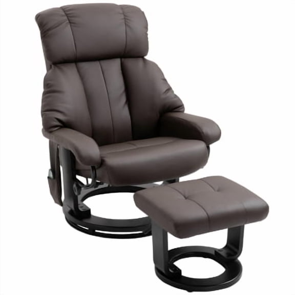 Zateety Recliner with Vibration Massage & Ottoman Footrest, Faux Leather, Swivel Wood Base for Living Room & Bedroom, Brown