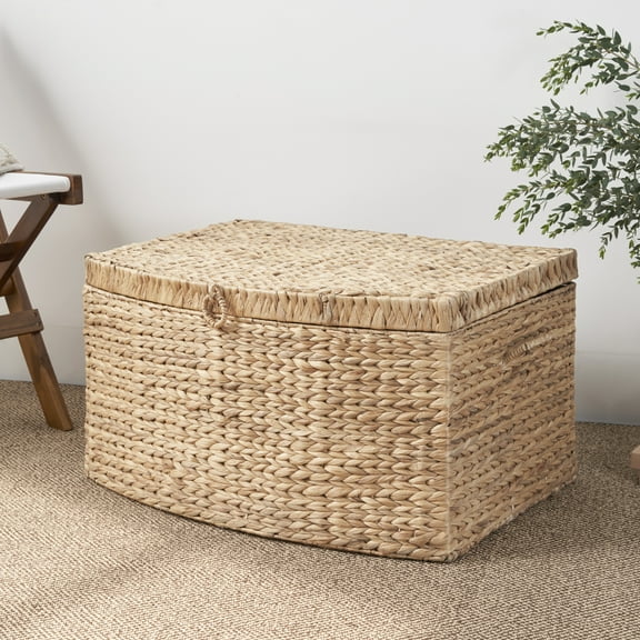 Zateety Rectangular Curve Water Hyacinth Woven Wicker Trunk with Handles - 26" x 19" x 14" - Natural Brown - For Clothes, Toys, Magazines and Book Storage