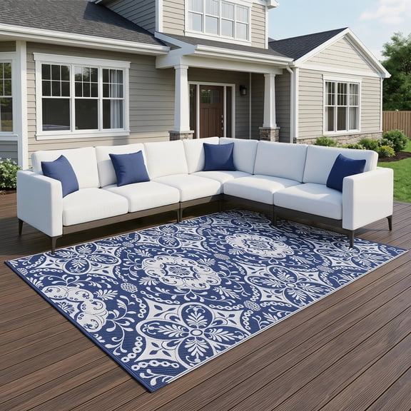 Zateety Floral Blue & White Plastic Straw Outdoor, RV, Beach Floor Mat & Doormat, 9' x 18', Reversible, Waterproof, Portable, Carry Bag