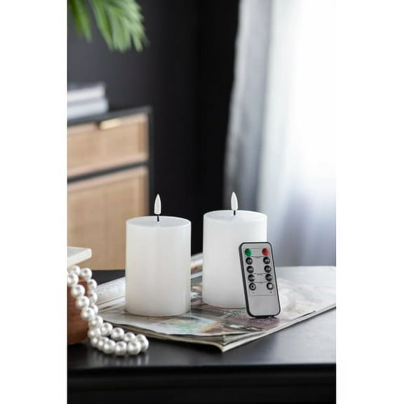 Zateety Set of 2 White LED Candles with Wick and Remote Control Timer, 3X4"