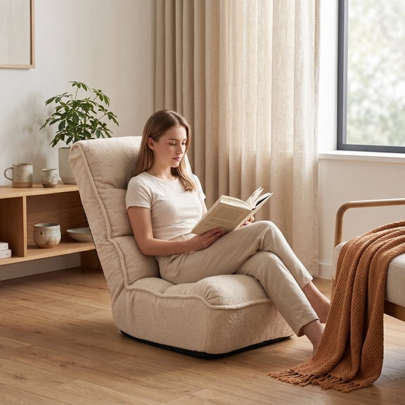 Zateety Adjustable Floor Chair, Folding Tatami Recliner Sofa with 4-Position Backrest, Portable Lazy Lounger for Meditation Reading Gaming  Beige