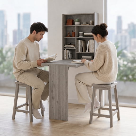 Zateety Wall Foldable Table with Multiple Shelves, Light Gray
