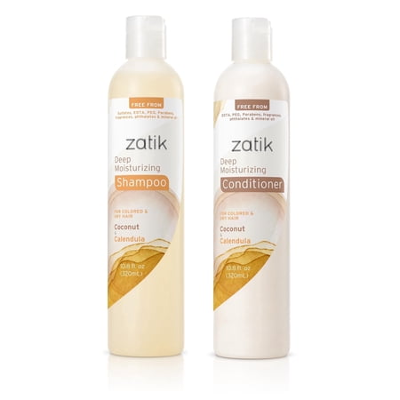 Zatik Naturals - Deep Moisturizing Shampoo + Conditioner Set - With Coconut & Calendula, for Colored, Dry damaged Hair, Bio-degradable, pH Balanced, 10.8 fl oz (One of Each)