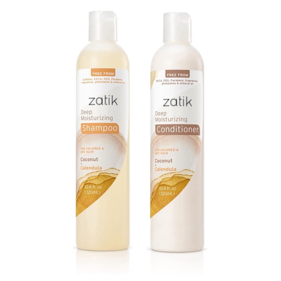 Zatik Naturals - Deep Moisturizing Shampoo + Conditioner Set - With Coconut & Calendula, for Colored, Dry damaged Hair, Bio-degradable, pH Balanced,  10.8 fl oz (One of Each)
