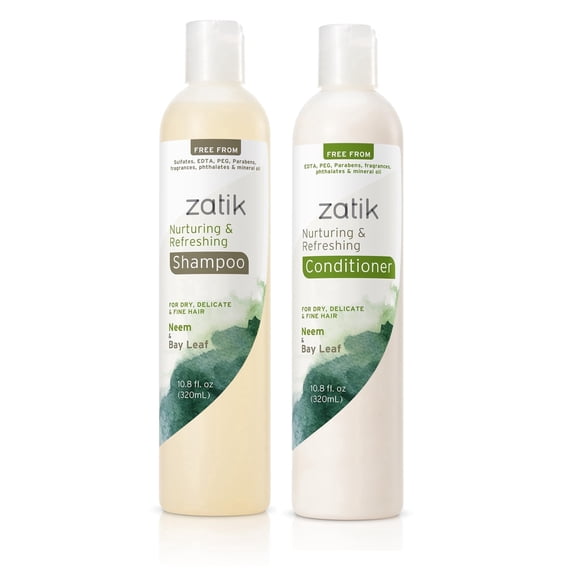 Zatik Naturals - Nurturing and Refreshing Shampoo + Conditioner Set-with Neem & Bay Leaf for Dry, Fine, Delicate Hair - Biodegradable, pH Balanced, Sulfates & Phthalates Free, 2x10.8oz (One of Each)