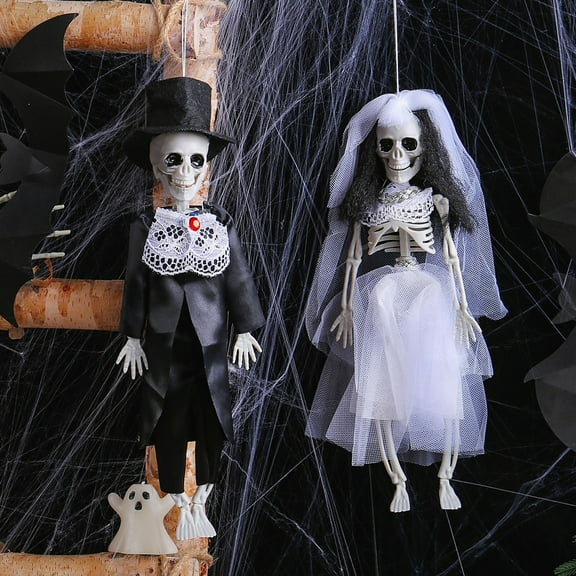 Zatoumnr 11.8in Skeleton Bride and Groom Set, Halloween Hanging Decor with Skull Couple for Spooky Party Day of the Dead Celebration