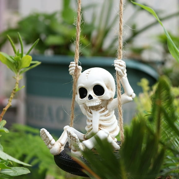 Zatoumnr Skeleton on Tire Swing Sculpture, Creepy Outdoor Hanging Accent for Halloween Porch and Yard