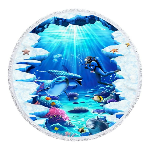 Zatoumnr Super Lightweight Round Microfiber Towel, Ocean Print, Sandproof Beach Mat, Ideal for Travel, Swimming, and Beach Polyethylene