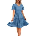 thumbnail image 1 of Zattcas Women 2024 Short Sleeve Summer Dress V Neck Smocked Waist Casual Flowy A Line Tiered Work Midi Dresses, 1 of 6