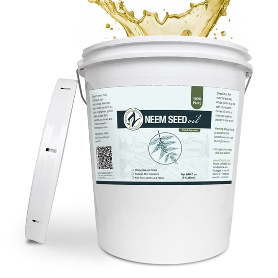 Zatural Organic Neem Oil 5 gallon bucket for skin, hair, and garden use, cold-pressed virgin