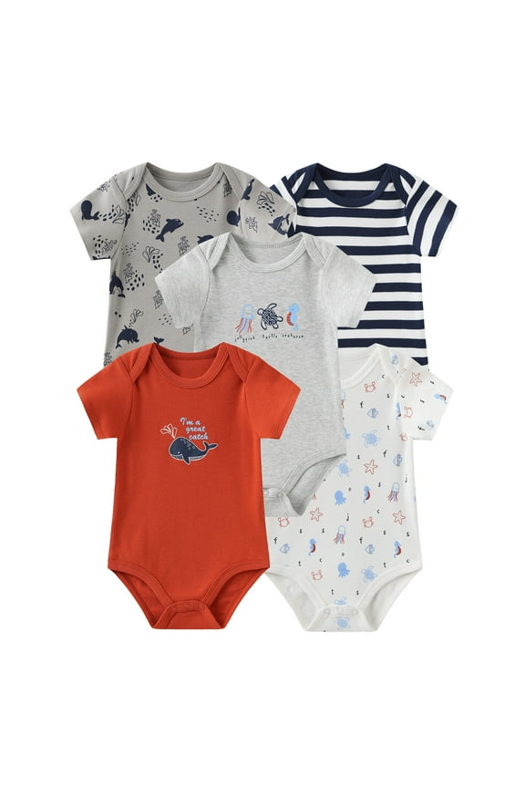 Baby Boy Girl Cotton Short Sleeve Bodysuits,5-Pack,Sizes 0-12M