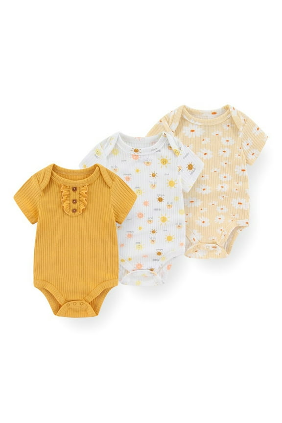 Baby Boy Girl Ribbed Short Sleeve Cotton Bodysuits,3-Pack,Sizes 0-12M