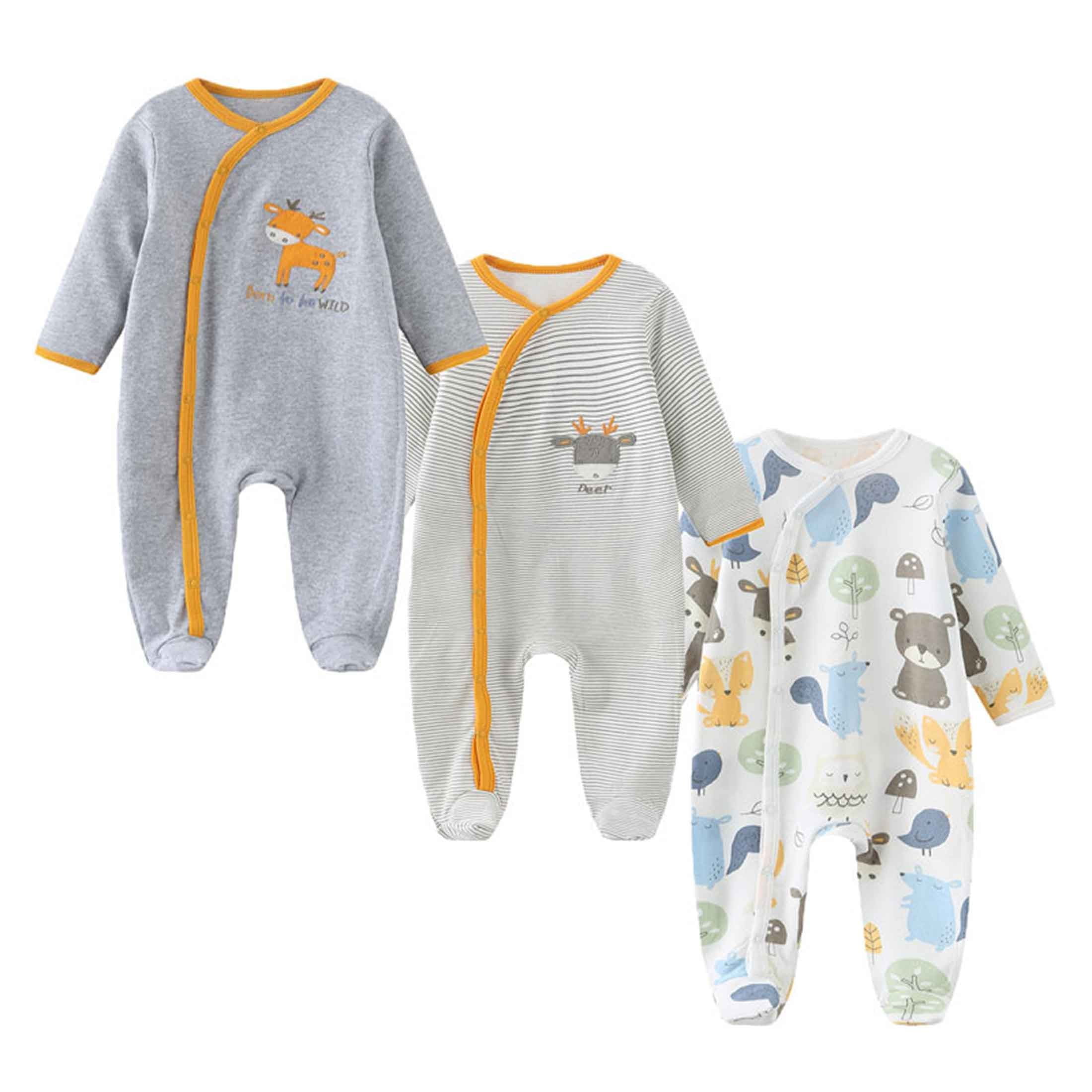 Zavbaby Unisex Newborn 3 Pieces Sleep´N Play Footed Pajamas Cotton Cartoon Rompers Infants Outfit ，Size:0-12Months