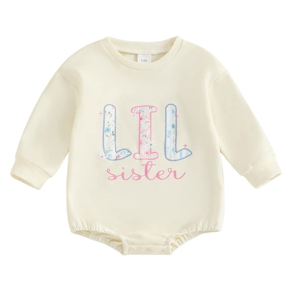 Zaveiop Big Sister Little Sister Matching Outfit Newborn Baby Girl Long Sleeve Romper Toddler Girl Sweatshirt Pullover Top Fall Winter Clothes (6-9 Months, Beige)