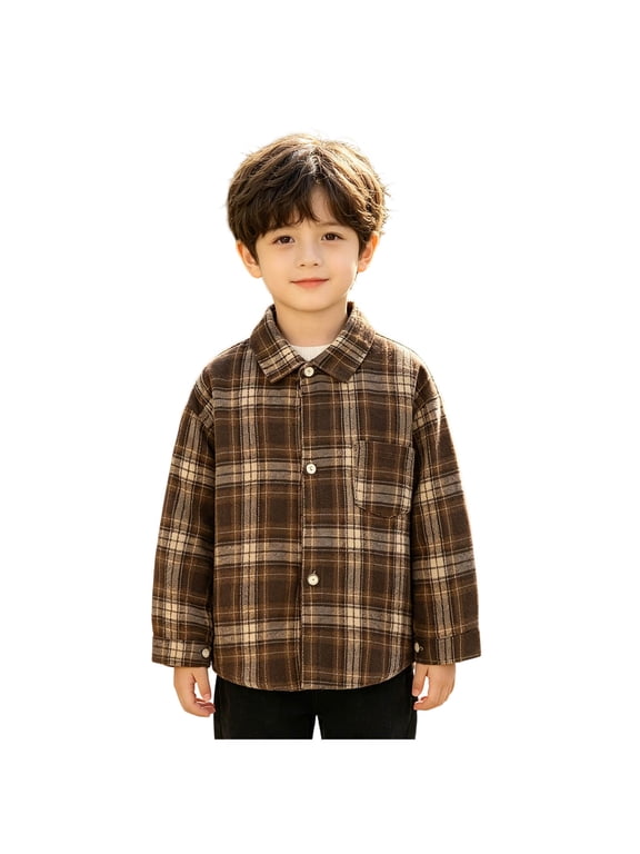 Boys Flannel Shirt Toddler Buffalo Plaid Shirt Long Sleeve Button Down Shirts Kids Casual Tops (12-18 Months, Coffee)