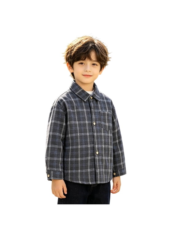 Boys Flannel Shirt Toddler Buffalo Plaid Shirt Long Sleeve Button Down Shirts Kids Casual Tops (12-18 Months, Grey)