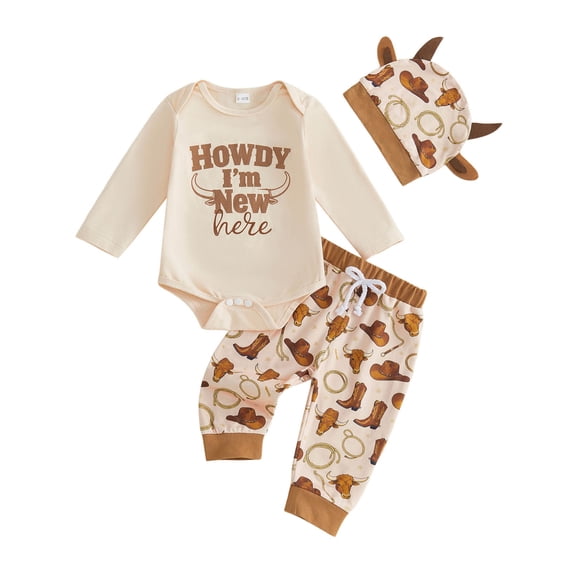 Zaveiop This is My First Rodeo Baby Boy Cowboy Outfit Western Newborn Baby Boys Spring Summer Fall Clothes Booties Print Short Sleeve Romper with Long Pants Hat 3Pcs Set (3-6 Months, Khaki)