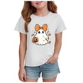 thumbnail image 1 of Zaveiop Girls Crew Neck Short Sleeve Tee Halloween Bow Ghost Holding Pumpkin Graphic Youth Holiday T-Shirt Size 5-6 Years, 1 of 7