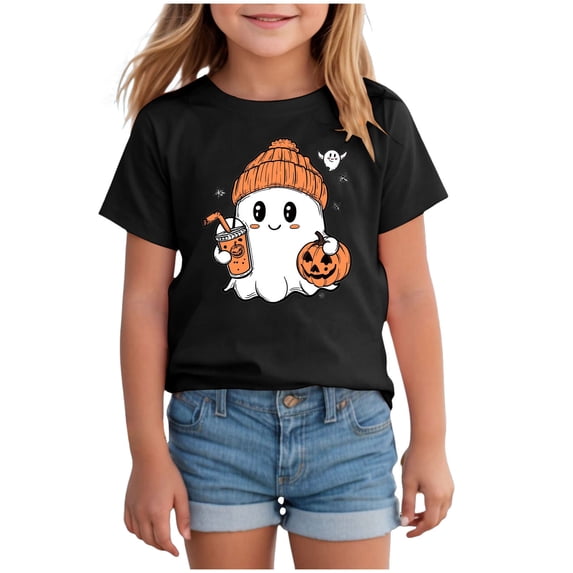 Zaveiop Girls Halloween T Shirt Cute Ghost Graphic Short Sleeve Crew Neck Kids Holiday Wear Size 2-3 Years