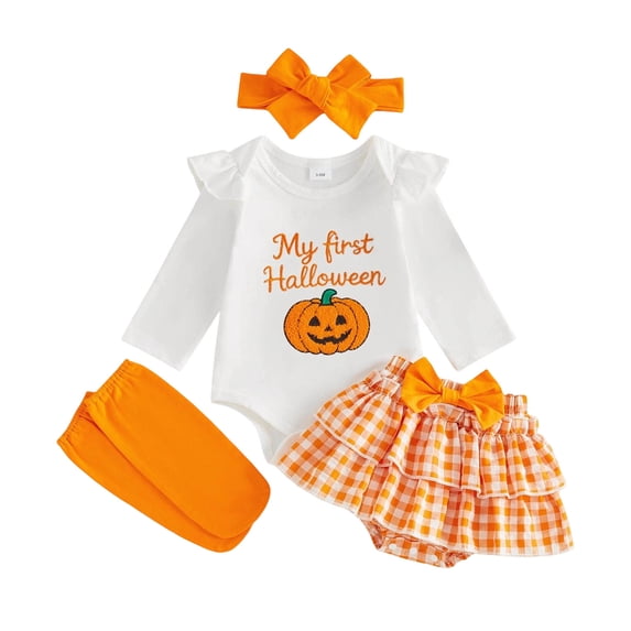 Zaveiop Infant Baby Girl Halloween Outfit 3 6 9 12 18 Months Long Sleeve Romper Skort Headband and Socks Clothes Set Size 6-12 Months