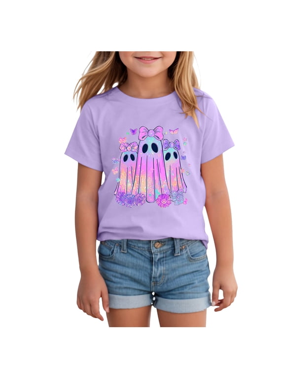Kids Halloween Shirt Cute Ghost with Bow Graphic Short Sleeve T Shirt Girls Holiday Tee Size 12-13 Years