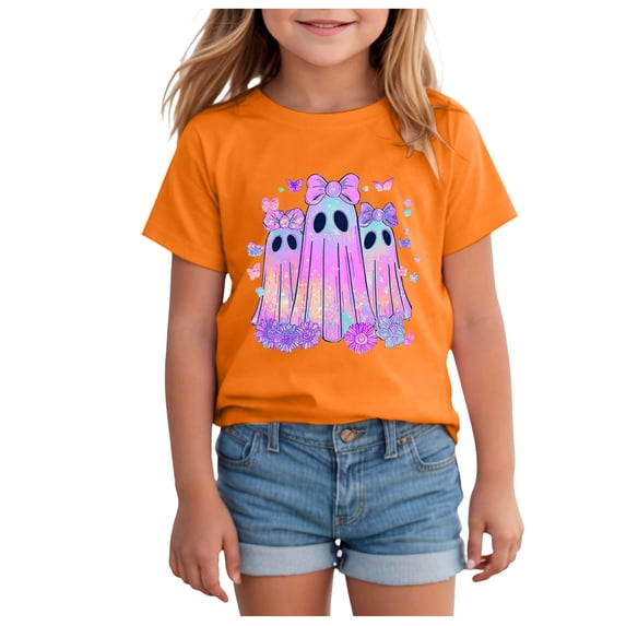 Zaveiop Kids Halloween Shirt Cute Ghost with Bow Graphic Short Sleeve T Shirt Girls Holiday Tee Size 12-13 Years