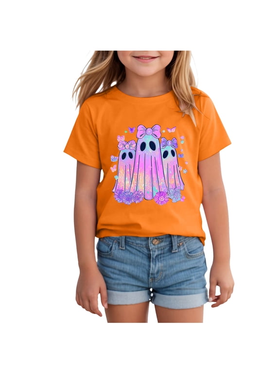 Kids Halloween Shirt Cute Ghost with Bow Graphic Short Sleeve T Shirt Girls Holiday Tee Size 12-13 Years