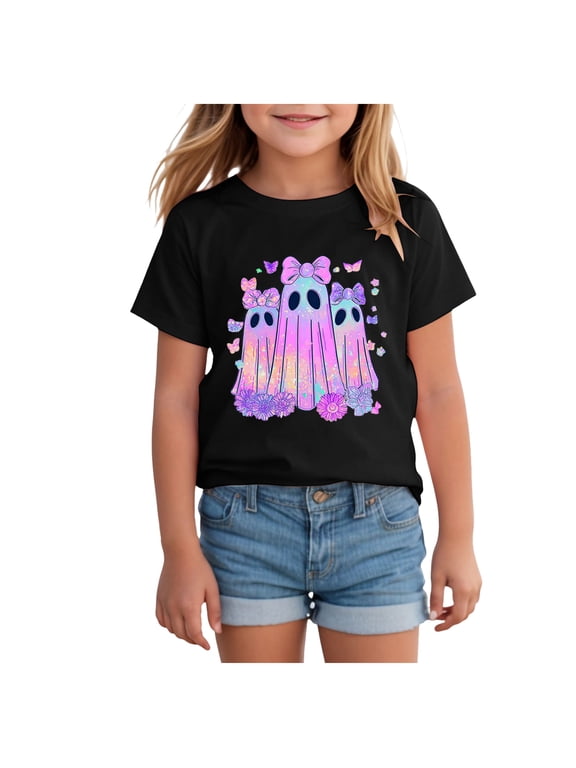 Kids Halloween Shirt Cute Ghost with Bow Graphic Short Sleeve T Shirt Girls Holiday Tee Size 8-9 Years