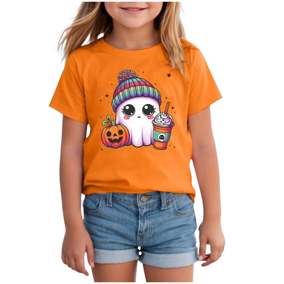 Zaveiop Kids Halloween T Shirt Cute Ghost Graphic Short Sleeve Crew Neck Girls Tee Holiday Size 6-7 Years