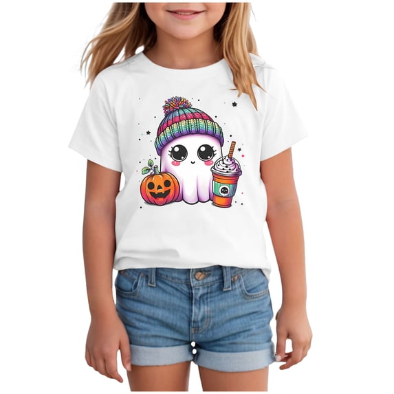 Zaveiop Kids Halloween T Shirt Cute Ghost Graphic Short Sleeve Crew Neck Girls Tee Holiday Size 8-9 Years