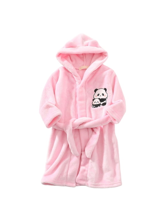 Kids Soft Coral Fleece Bathrobe,Warm Hooded Sleep Robe with Waist Belt,Cute Cartoon Design,for Toddlers Children 2-12Y,Multi-Use Lounge Wear Kids Toddler Pajamas (Light Pink,2-3 Years)