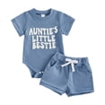 thumbnail image 1 of Zaveiop Newborn Baby Boy Summer Clothes Auntie's Little Bestie Short Sleeve Romper Shorts Set Infant Waffle Knit Outfit (Blue,3-6 Months), 1 of 8