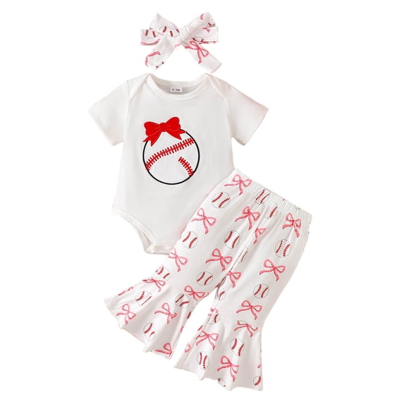 Zaveiop Newborn Baby Girl Baseball Outfit Cute Baseball Bow Romper Flare Pants Headband Set 3Pcs Infant Summer Clothes (0-3 Months, White)