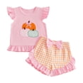 thumbnail image 1 of Zaveiop Toddler Baby Girl Halloween Outfit Little Baby Girls Summer Fall Clothes Ghost Pumpkin Embroidered Flying Sleeve Ruffled Hem Shirt Tops and Plaid Shorts 2 Piece Set Size 2-3 Years, 1 of 4