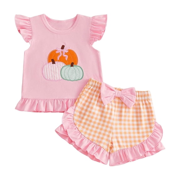 Zaveiop Toddler Baby Girl Halloween Outfit Little Baby Girls Summer Fall Clothes Ghost Pumpkin Embroidered Flying Sleeve Ruffled Hem Shirt Tops and Plaid Shorts 2 Piece Set Size 2-3 Years