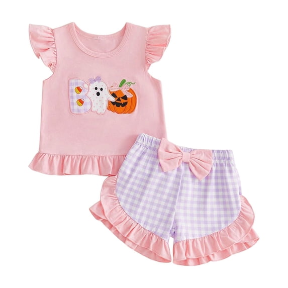 Zaveiop Toddler Baby Girl Halloween Outfit Little Baby Girls Summer Fall Clothes Ghost Pumpkin Embroidered Flying Sleeve Ruffled Hem Shirt Tops and Plaid Shorts 2 Piece Set Size 3-4 Years