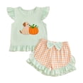 thumbnail image 1 of Zaveiop Toddler Baby Girl Halloween Outfit Little Baby Girls Summer Fall Clothes Ghost Pumpkin Embroidered Flying Sleeve Ruffled Hem Shirt Tops and Plaid Shorts 2 Piece Set Size 4-5 Years, 1 of 4