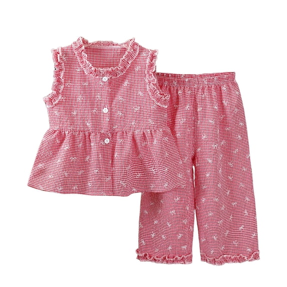 Zaveiop Toddler Baby Summer Clothes Girl 3 6 12 18 24 Months 2T 3T 4T 5T Girls Outfits Ruffle Sleeve Tops Plaid Linen Pants Set (3-6 Months, Red)