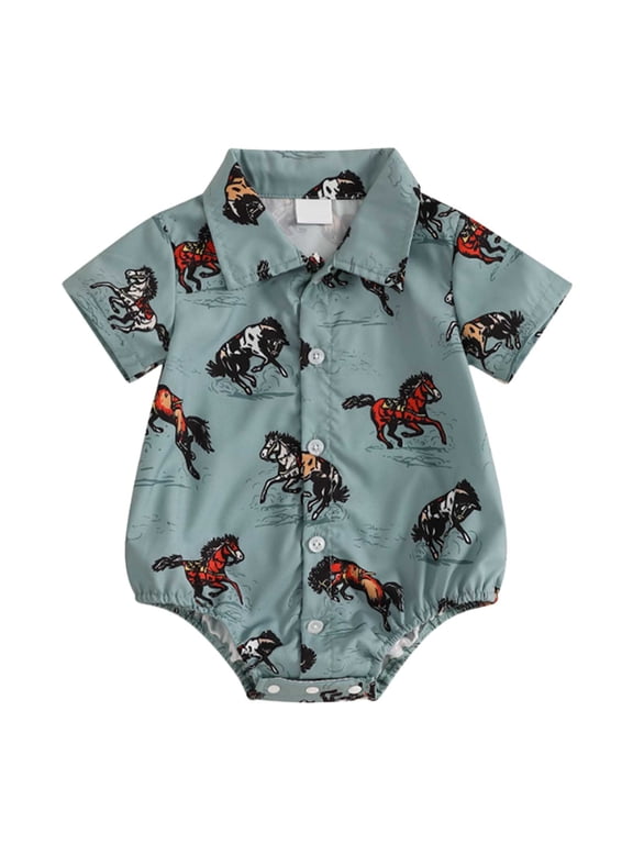 Western Baby Boy Clothes Cowboy Shirt Romper Long/Short Sleeve Button Down Dress Bodysuit Infant Gentleman Outfits (Blue,0-3 Months)