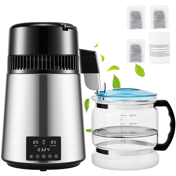Zaverox 1.1 Gallon 750W Water Distiller Countertop Unit, Timing Dual Temperature Screen, 304 Stainless Steel Inner Tank, Silver with Glass Pitcher & Carbon Filter Refills