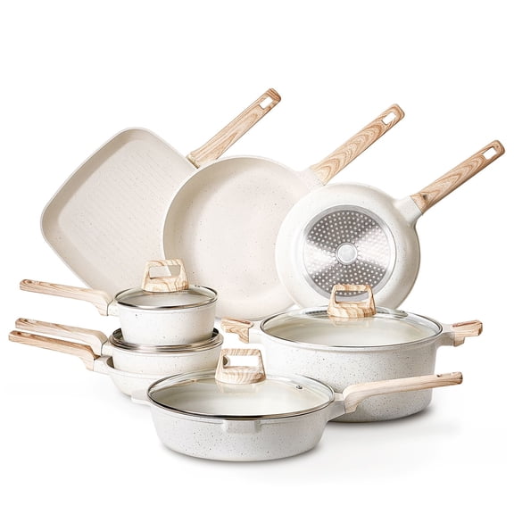 Zaverox 19-Piece Nonstick Granite Pots and Pans Set, Induction Kitchen RV Cooking Set with Frying, Sauce, Saute Pans, Tempered Glass Lids & Pan Protectors, White