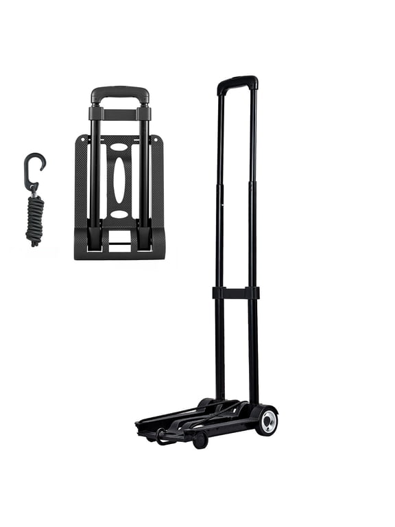 2 Wheel Compact Foldable Hand Dolly, 110lbs Collapsible Luggage Cart with 1 Elastic Rope Black for Travel Furniture Office Moving