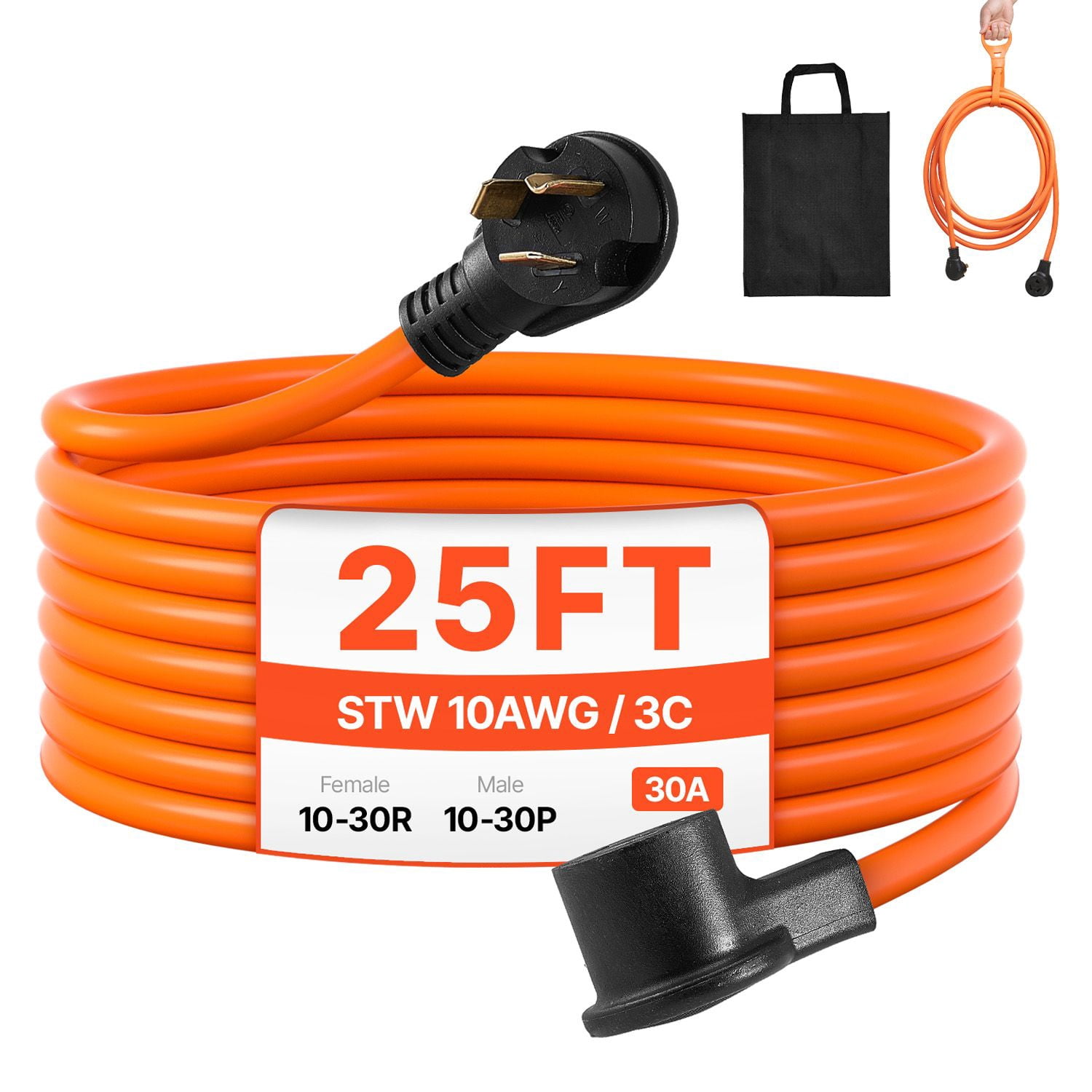 Zaverox 25FT 3-Prong Dryer Extension Cord, NEMA 10-30P/R, 125V/250V, 10AWG/3C STW Pure Copper Cable with Storage Bag & Tie