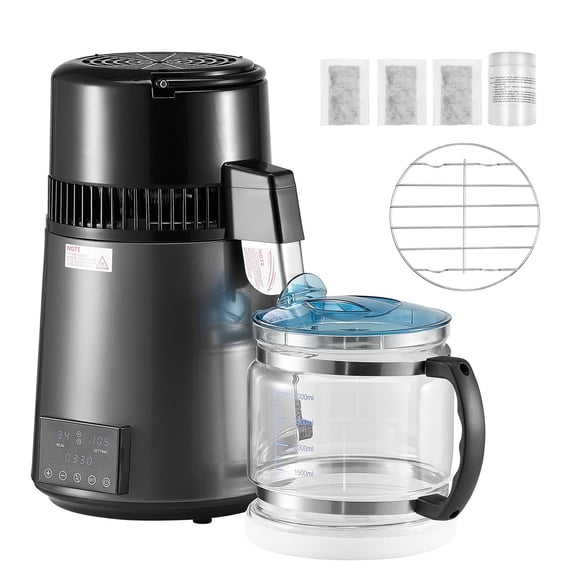 Zaverox 4L 1.1 Gallon 1750W High Output Water Distiller Machine with Glass Pot, Stainless Steel Interior Drinking Purifier, Grey Tabletop Unit