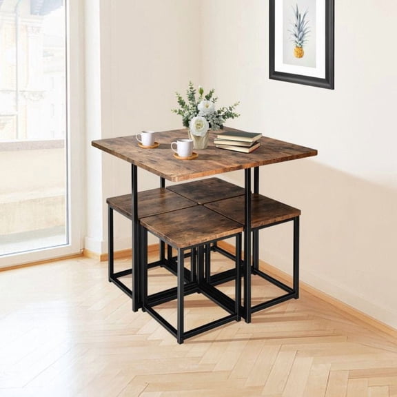 Zaverox  5-Piece Metal Frame Dinette Set, Compact Space-Saving Dining Table with 4 Stools for Small Kitchens