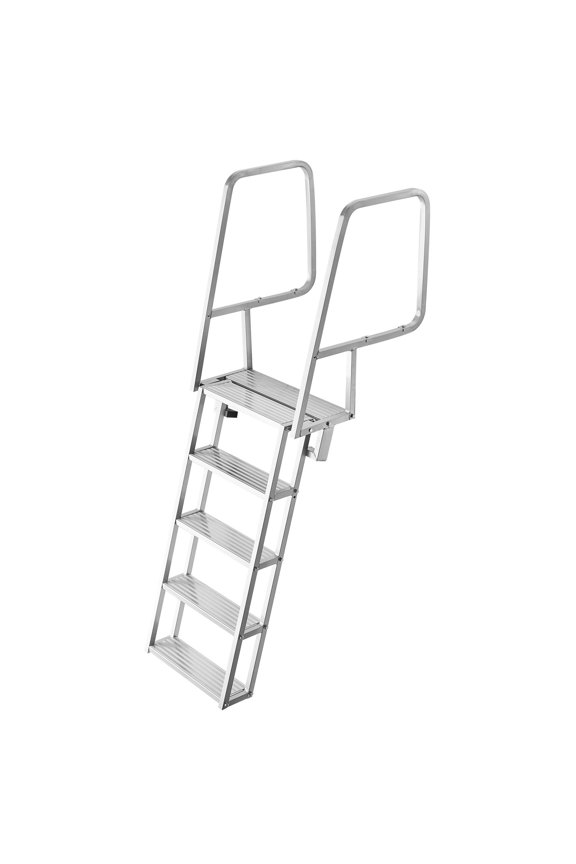 5 Step Flip-Up Aluminum Alloy Boat Dock Ladder, Wide Anti-Slip Steps, 350lbs Capacity Pull Rope Design for Pool Lake Marine Boarding Access