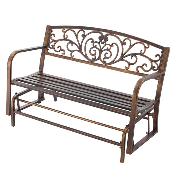 Zaverox 50 Inch Carbon Steel Outdoor Glider Bench, Cast Iron Backrest Round Armrests Weatherproof Patio Park Yard Furniture, Antique Bronze Finish