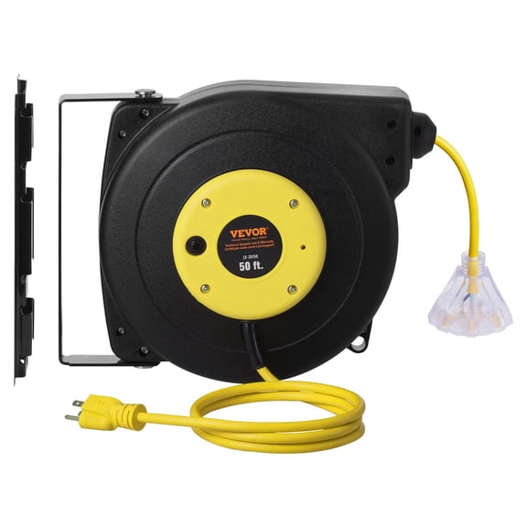 Zaverox 50FT Retractable Extension Cord Reel, 14AWG/3C SJTOW, Lighted Triple Tap Outlet, 13A Circuit Breaker, 180 Swivel Bracket Wall/Ceiling Mount