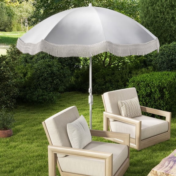 Zaverox  6.5 FT Beach Umbrella with Fringe and Push Button Tilt, Portable Outdoor Tassel Umbrella for Patio, Pool, Sand