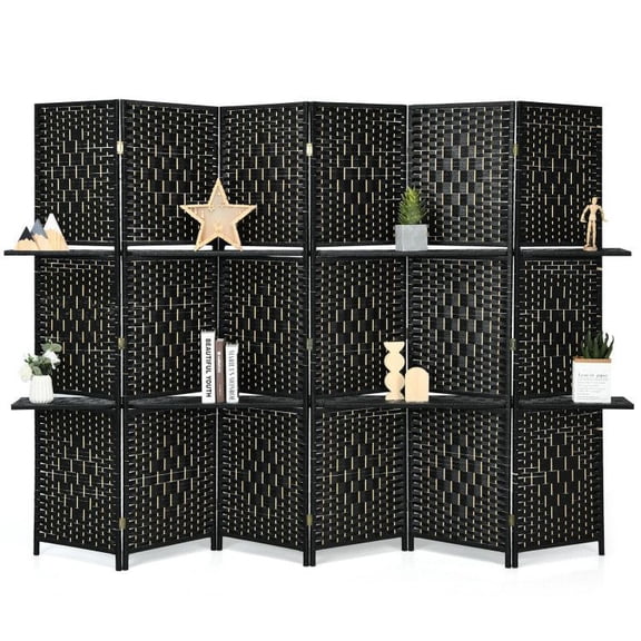 Zaverox  6 Panel Folding Weave Fiber Room Divider with 2 Display Shelves – Woven Fiber Privacy Screen, Freestanding Decorative Partition for Home Office Living Room